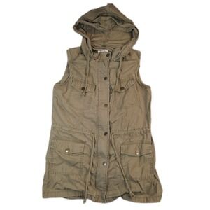 Mudd Hodded Jacket Womens Small Sleeveless Ripstop Military Jacket‎ Olive Button